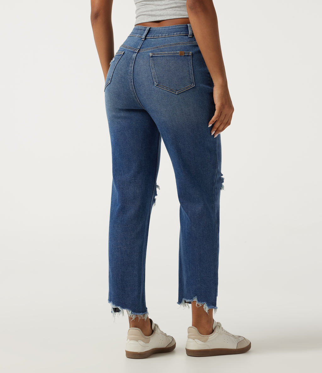 High Waisted Tapered Casual Jeans with Pockets — Tide Blue Denim — view 2