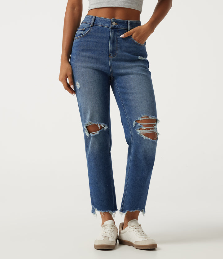 High Waisted Tapered Casual Jeans with Pockets — Tide Blue Denim — view 1