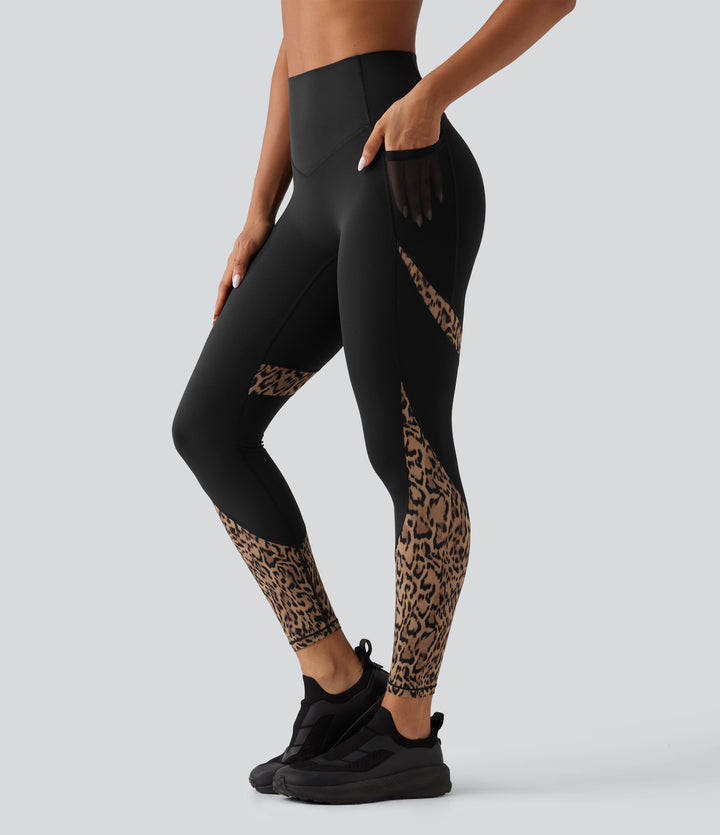 High Waisted Skinny Contrast Mesh Leopard Print Color Block Yoga Leggings with Pockets — Tan Leopard — view 1