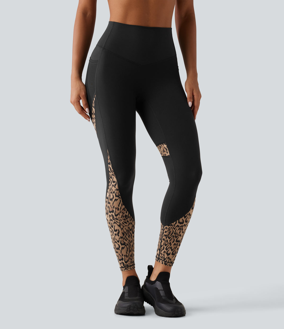 High Waisted Skinny Contrast Mesh Leopard Print Color Block Yoga Leggings with Pockets — Tan Leopard — view 3