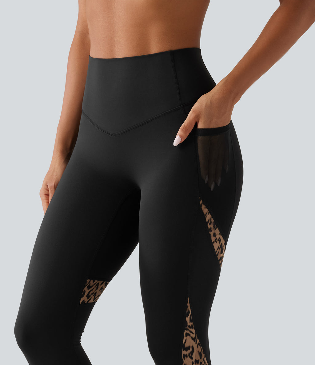 High Waisted Skinny Contrast Mesh Leopard Print Color Block Yoga Leggings with Pockets — Tan Leopard — view 4