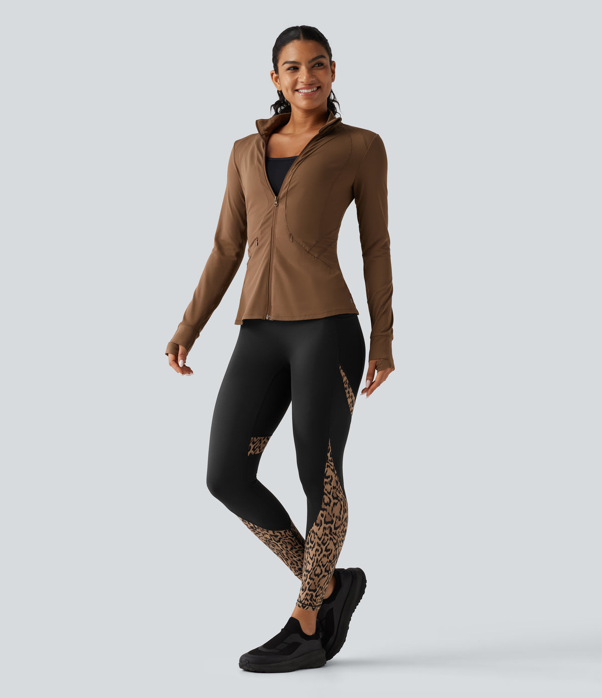 High Waisted Skinny Contrast Mesh Leopard Print Color Block Yoga Leggings with Pockets — Tan Leopard — view 7