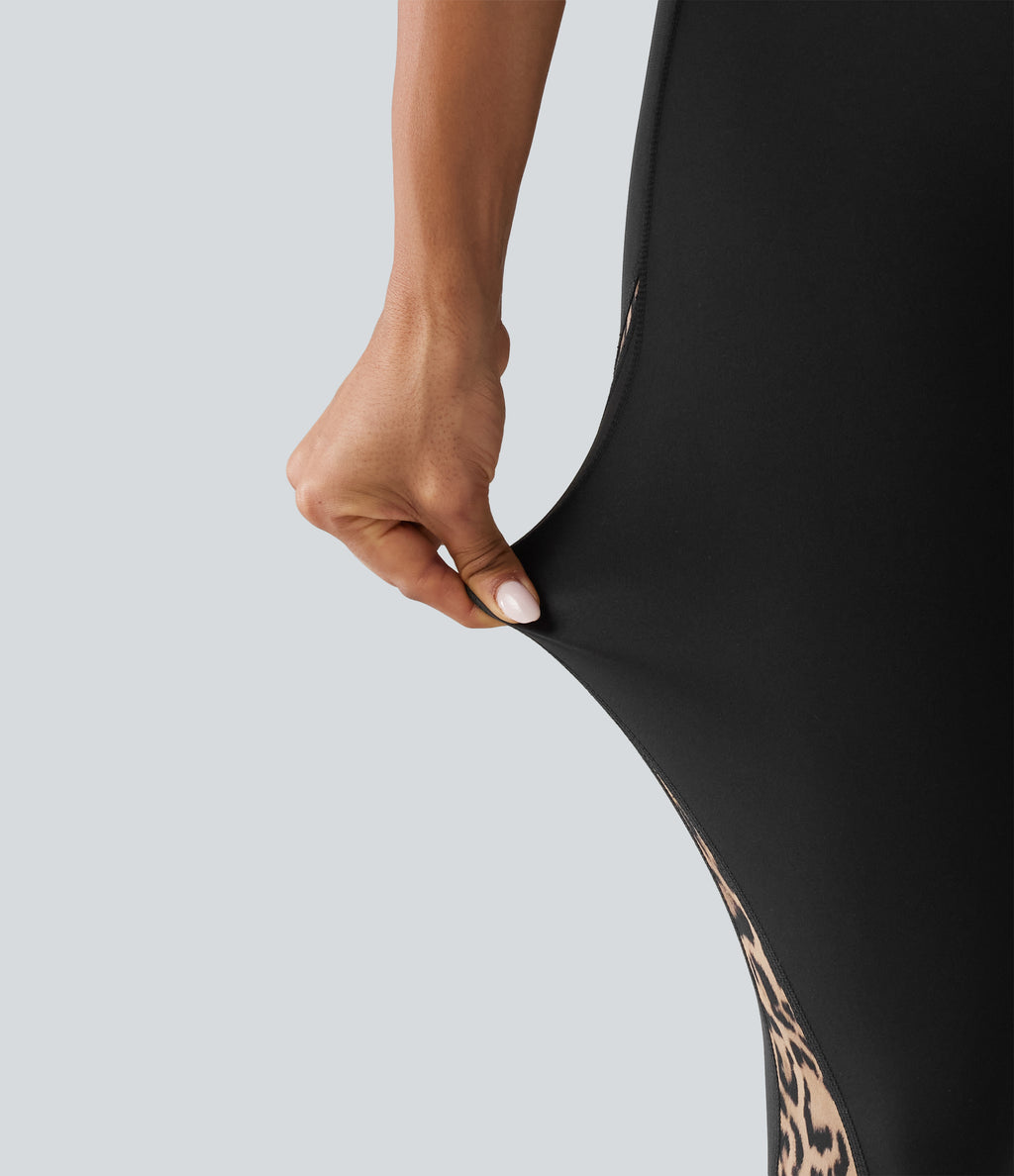 High Waisted Skinny Contrast Mesh Leopard Print Color Block Yoga Leggings with Pockets — Tan Leopard — view 6