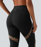 High Waisted Skinny Contrast Mesh Leopard Print Color Block Yoga Leggings with Pockets — Tan Leopard — view 5