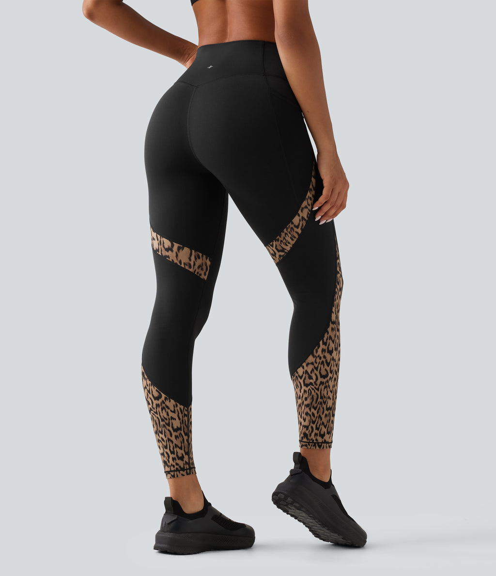 High Waisted Skinny Contrast Mesh Leopard Print Color Block Yoga Leggings with Pockets — Tan Leopard — view 2