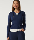 Ribbed Hooded Long Sleeve Color Block Casual Top — Nightfall Blue — view 1
