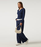 Ribbed Hooded Long Sleeve Color Block Casual Top — Nightfall Blue — view 7