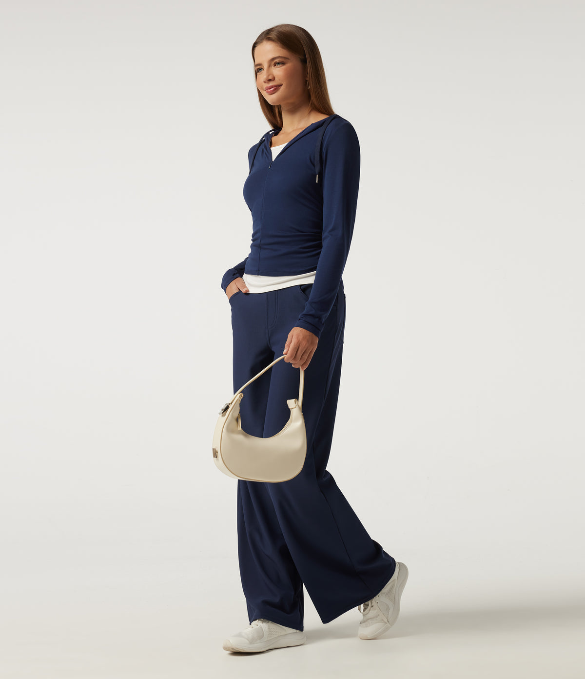 Ribbed Hooded Long Sleeve Color Block Casual Top — Nightfall Blue — view 7
