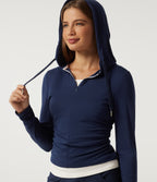 Ribbed Hooded Long Sleeve Color Block Casual Top — Nightfall Blue — view 5