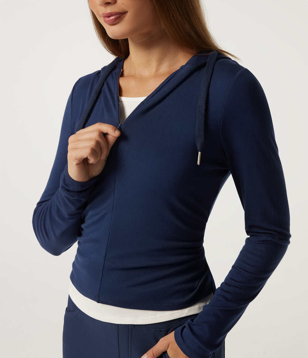 Ribbed Hooded Long Sleeve Color Block Casual Top — Nightfall Blue — view 6