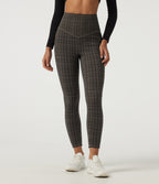 Extra Heat High Waisted Tummy Control Skinny Plaid Yoga Leggings with Pockets — Sandstone Check Plaid — view 2