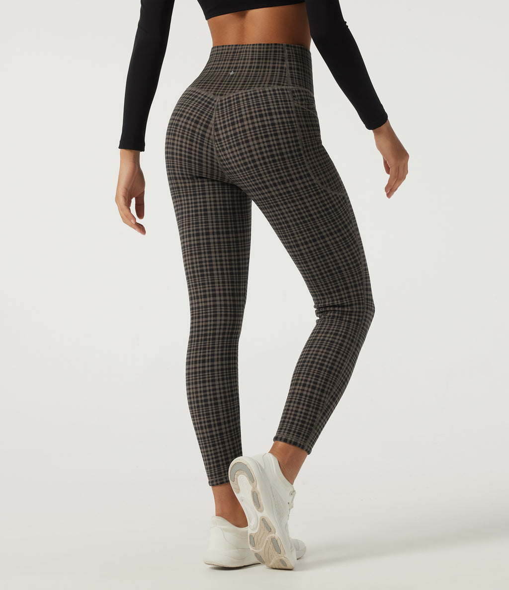 Extra Heat High Waisted Tummy Control Skinny Plaid Yoga Leggings with Pockets — Sandstone Check Plaid — view 3