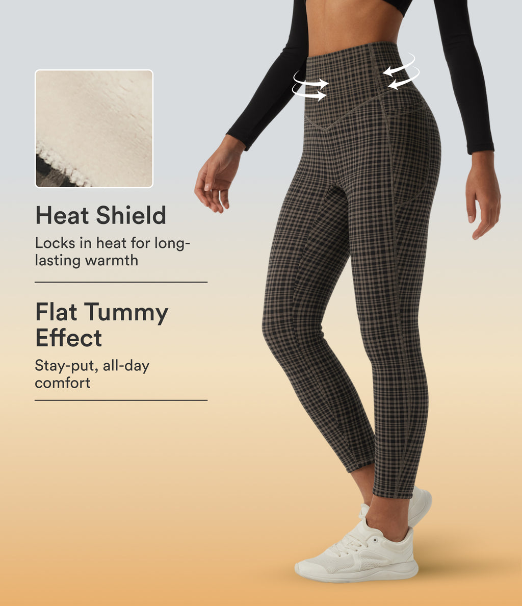 Extra Heat High Waisted Tummy Control Skinny Plaid Yoga Leggings with Pockets — Sandstone Check Plaid — view 1