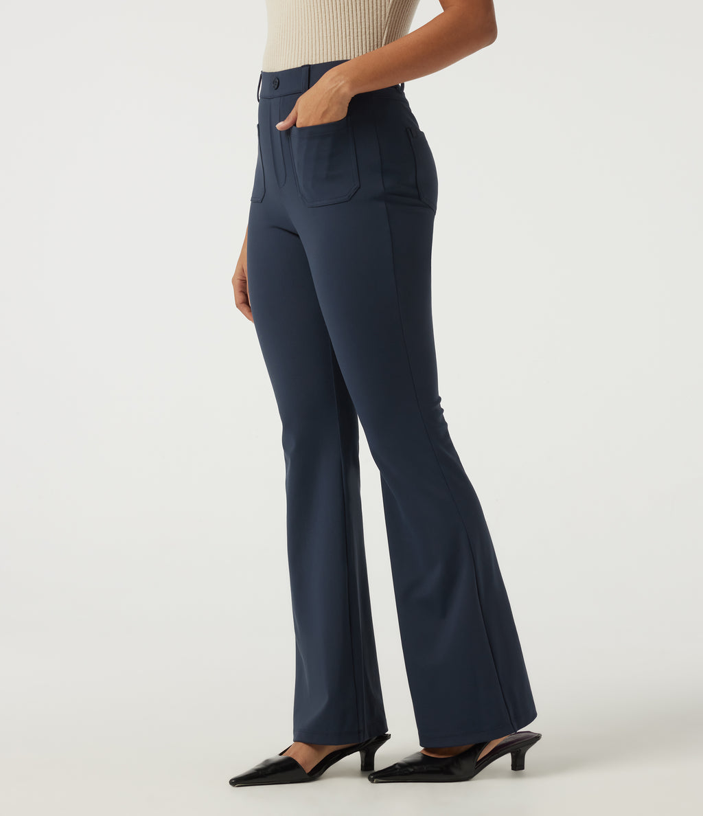 High Waisted Flare Work Trousers with Pockets — Midnight Blue — view 3