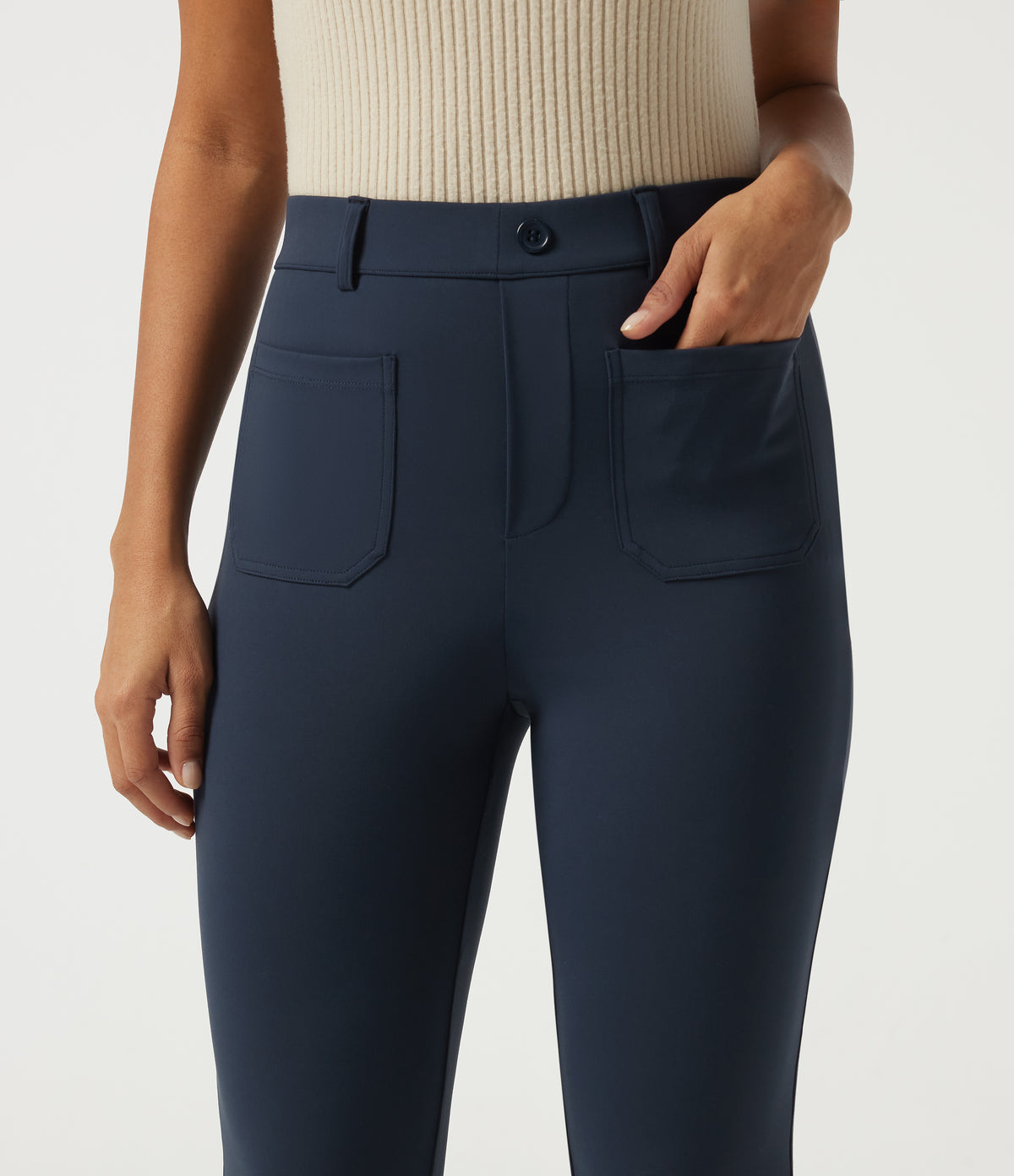 High Waisted Flare Work Trousers with Pockets — Midnight Blue — view 4