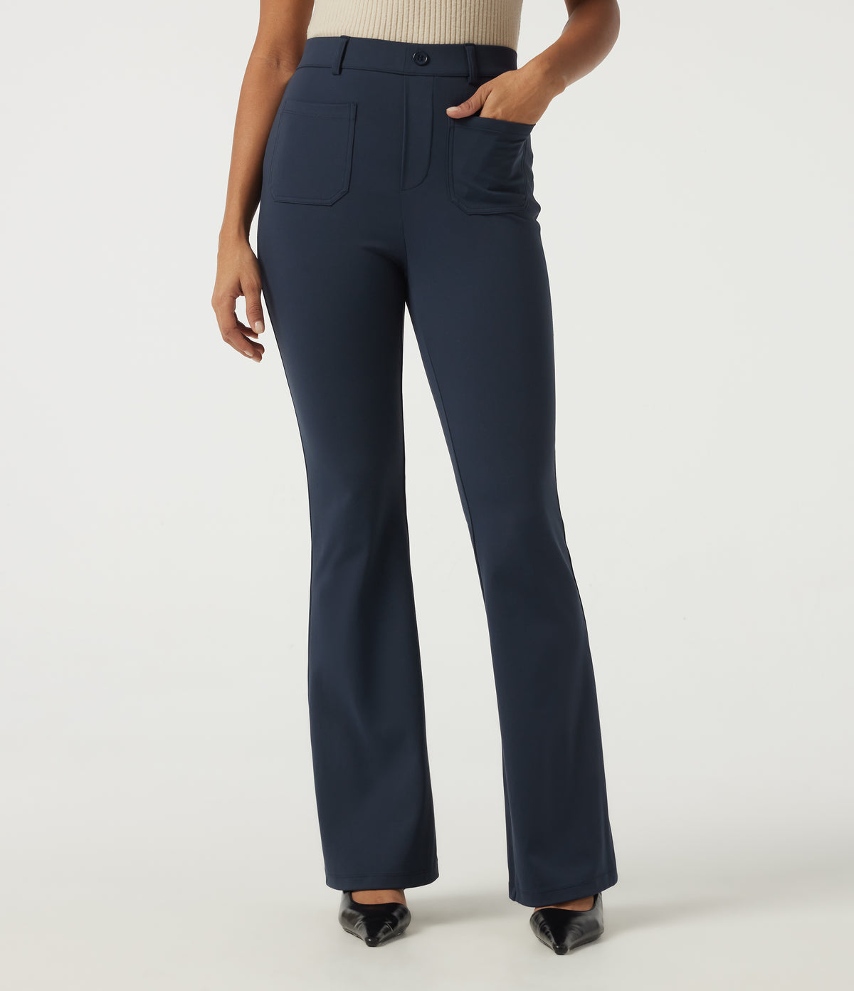 High Waisted Flare Work Trousers with Pockets — Midnight Blue — view 1