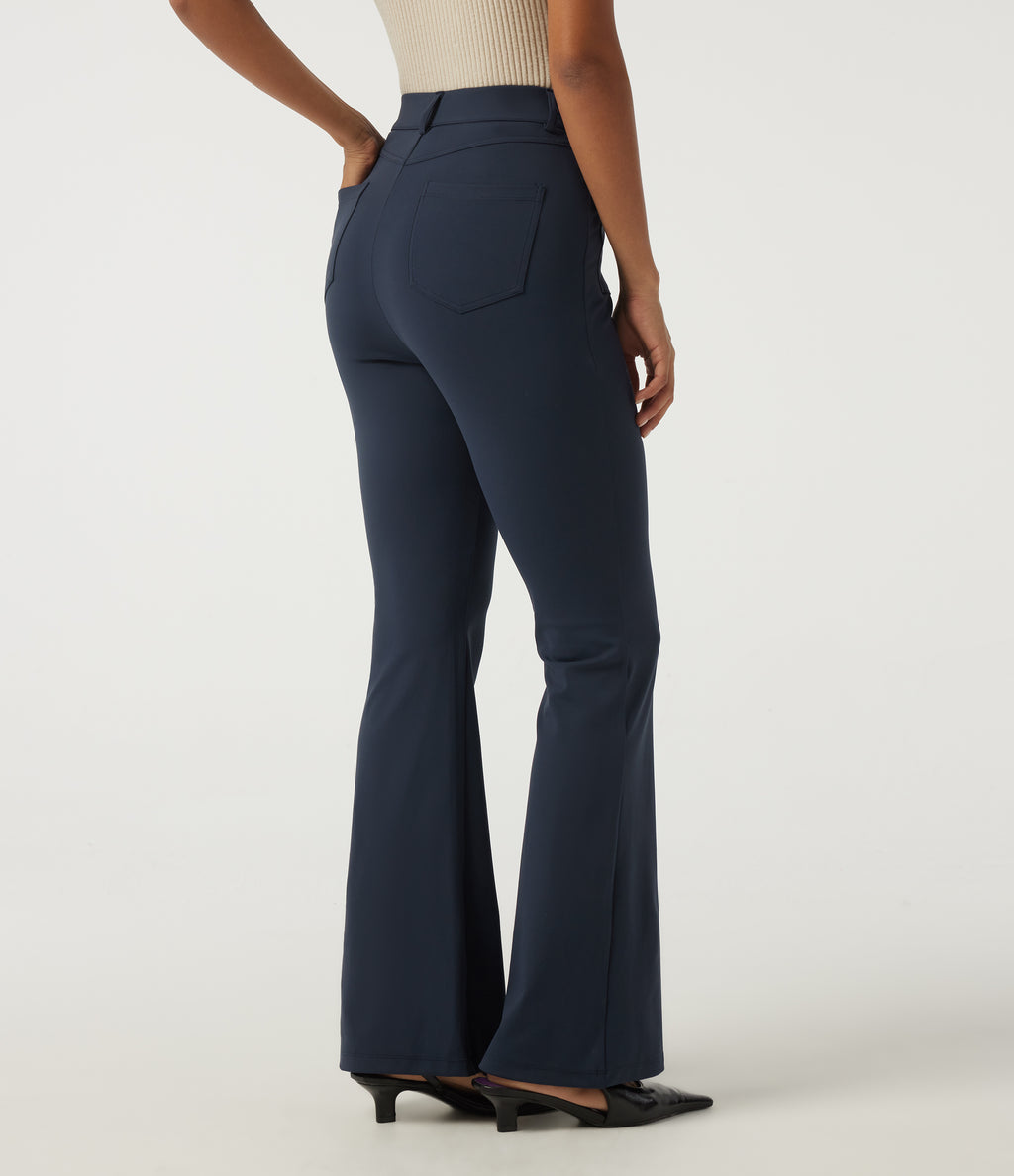 High Waisted Flare Work Trousers with Pockets — Midnight Blue — view 2