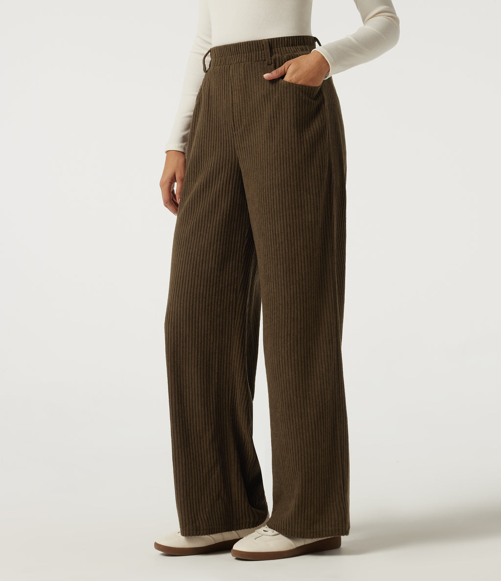 High Waisted Straight Leg Corduroy Casual Trousers with Pockets — Carafe — view 3