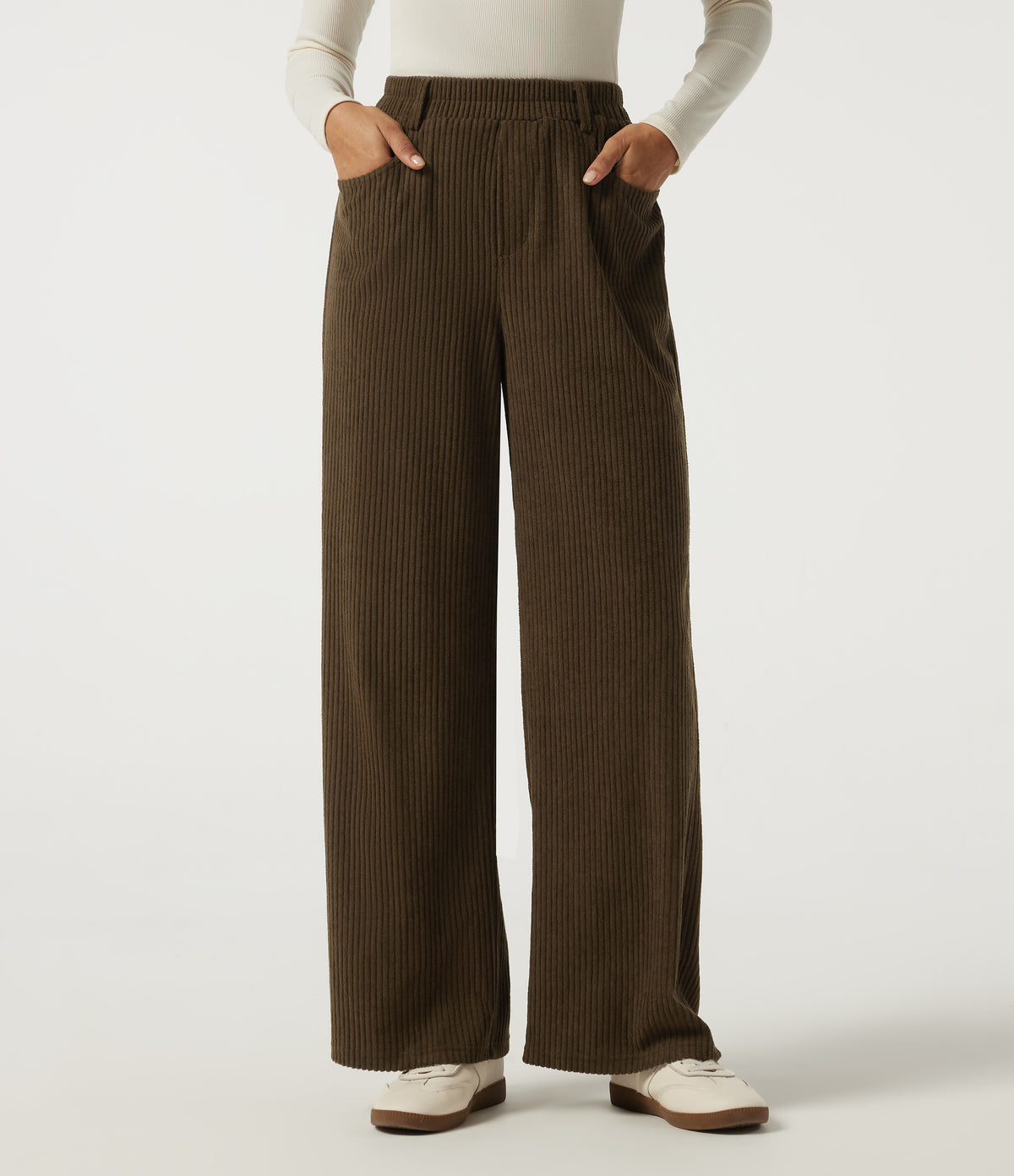 High Waisted Straight Leg Corduroy Casual Trousers with Pockets — Carafe — view 1
