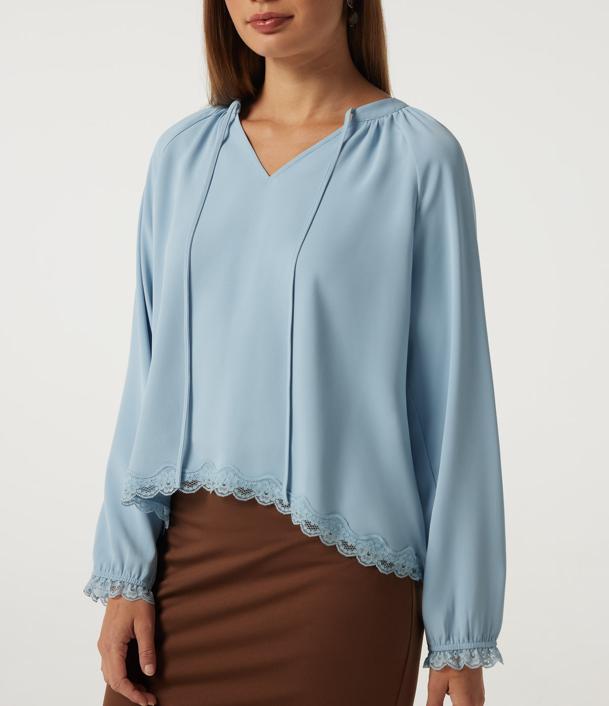 V Neck Long Sleeve Contrast Lace Curved Hem Resort Blouse — Skyride — view 5
