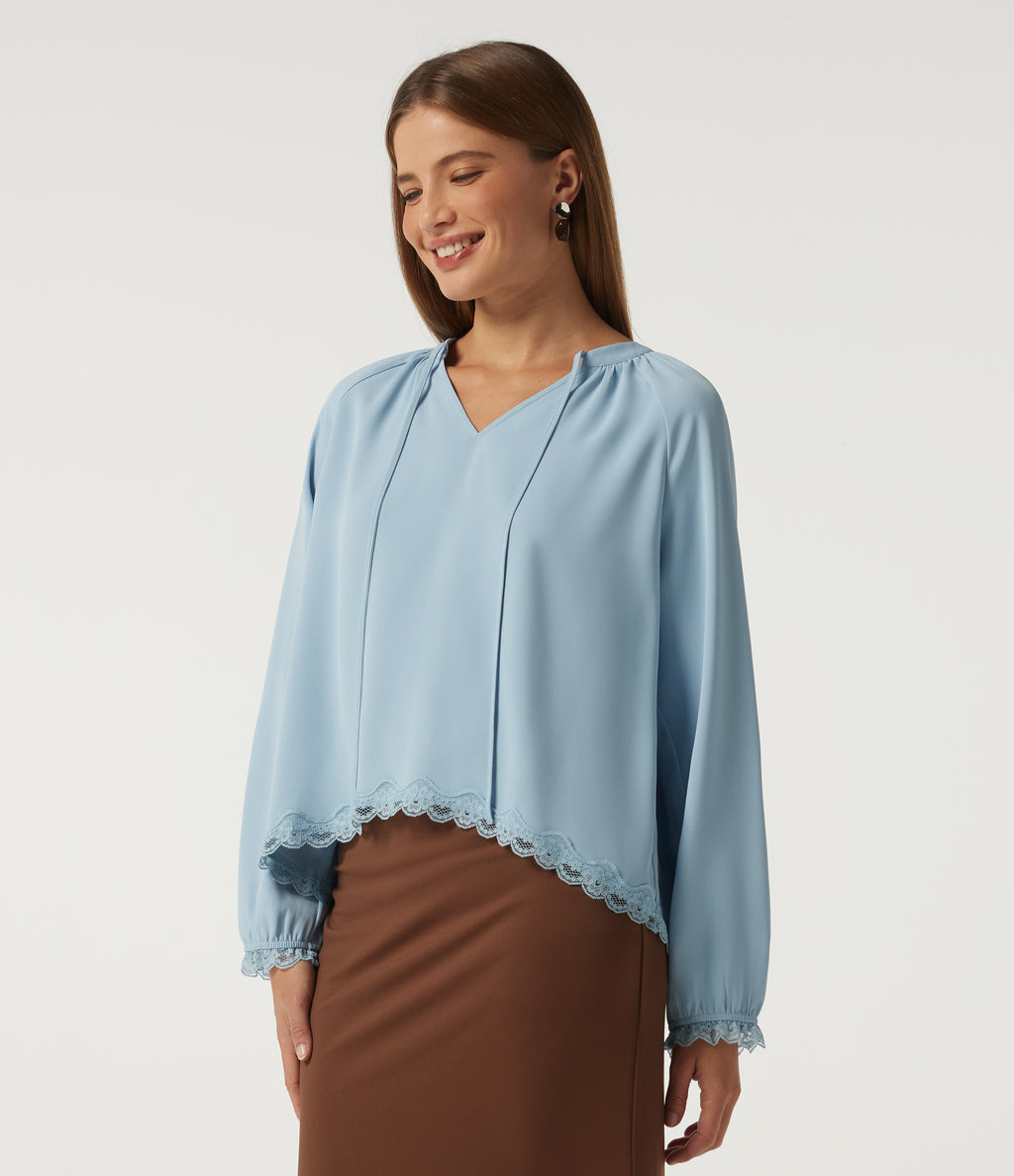 V Neck Long Sleeve Contrast Lace Curved Hem Resort Blouse — Skyride — view 4