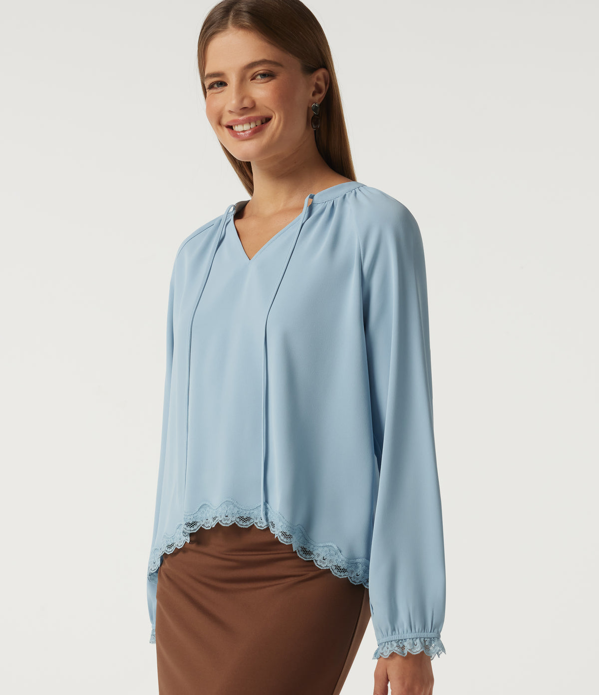 V Neck Long Sleeve Contrast Lace Curved Hem Resort Blouse — Skyride — view 1