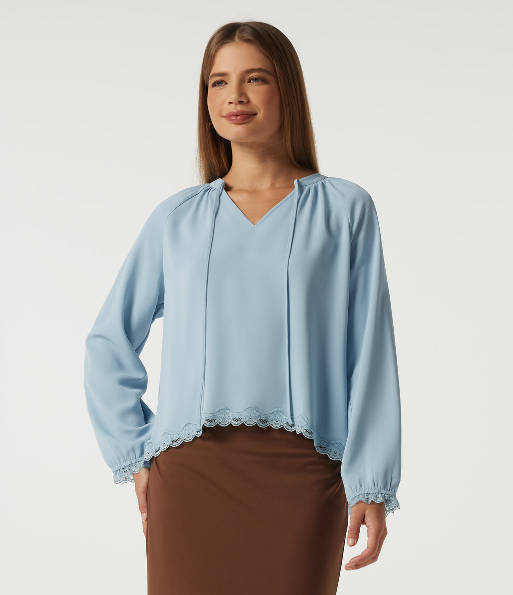 V Neck Long Sleeve Contrast Lace Curved Hem Resort Blouse — Skyride — view 3