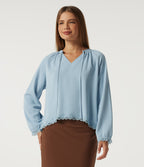 V Neck Long Sleeve Contrast Lace Curved Hem Resort Blouse — Skyride — view 3