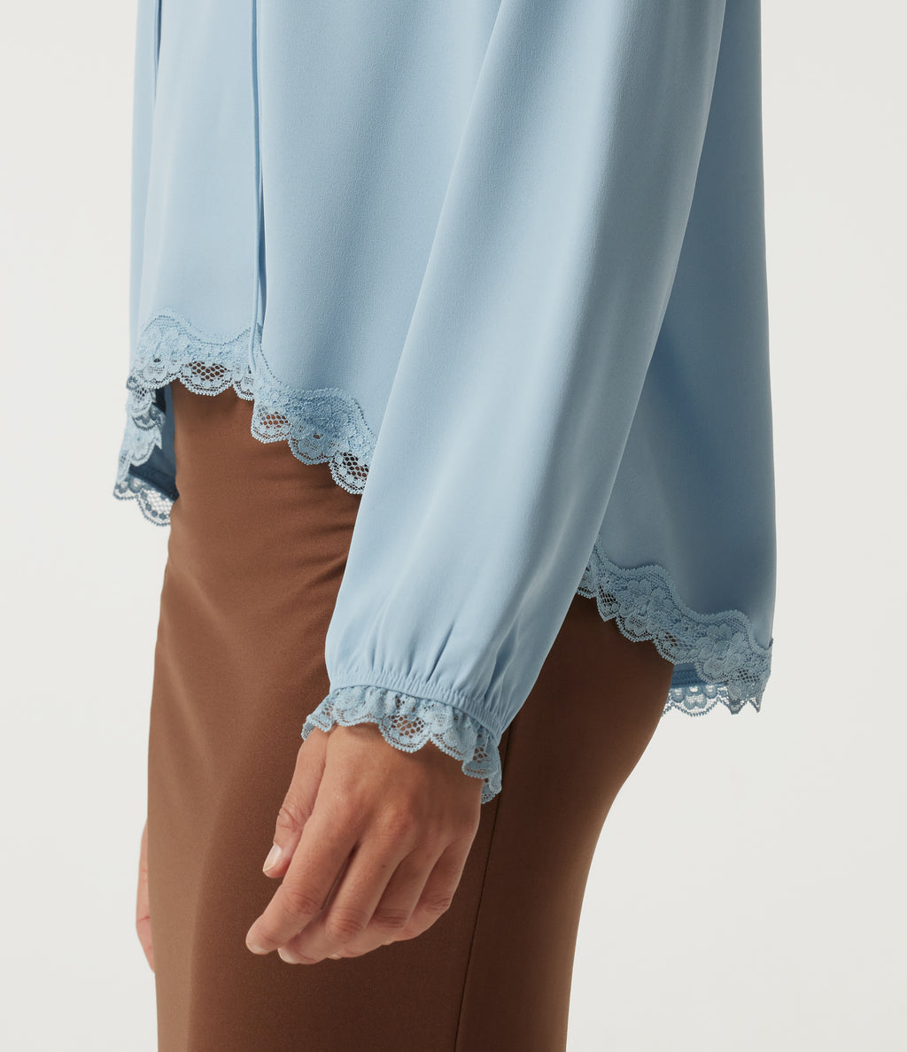 V Neck Long Sleeve Contrast Lace Curved Hem Resort Blouse — Skyride — view 7
