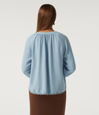 V Neck Long Sleeve Contrast Lace Curved Hem Resort Blouse — Skyride — view 2