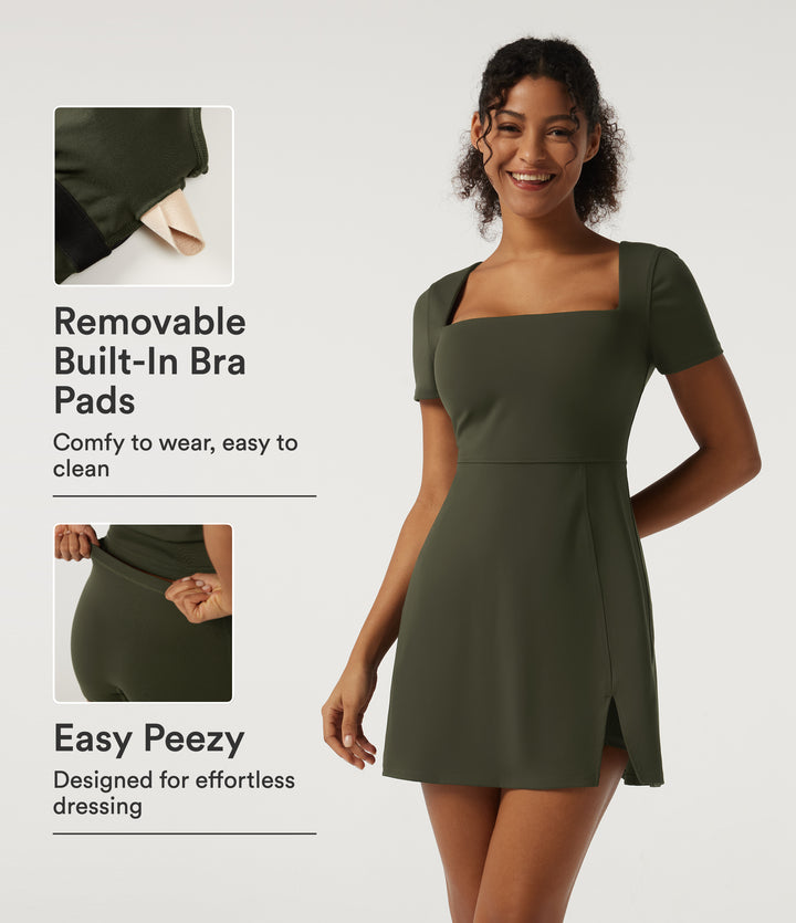 Square Neck A-Line Split Hem Yoga Mini Dress with Built-In Bra and Shorts for DD-F Cups - Edition — Forest Night — view 1