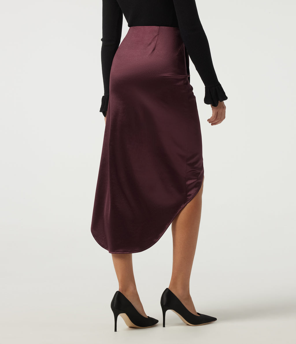 High Waisted Asymmetric Ruched Split Pencil Satin Party Midi Skirts — Zinfandel — view 2