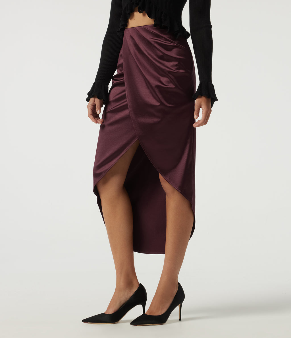 High Waisted Asymmetric Ruched Split Pencil Satin Party Midi Skirts — Zinfandel — view 3