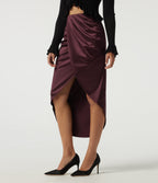 High Waisted Asymmetric Ruched Split Pencil Satin Party Midi Skirts — Zinfandel — view 3