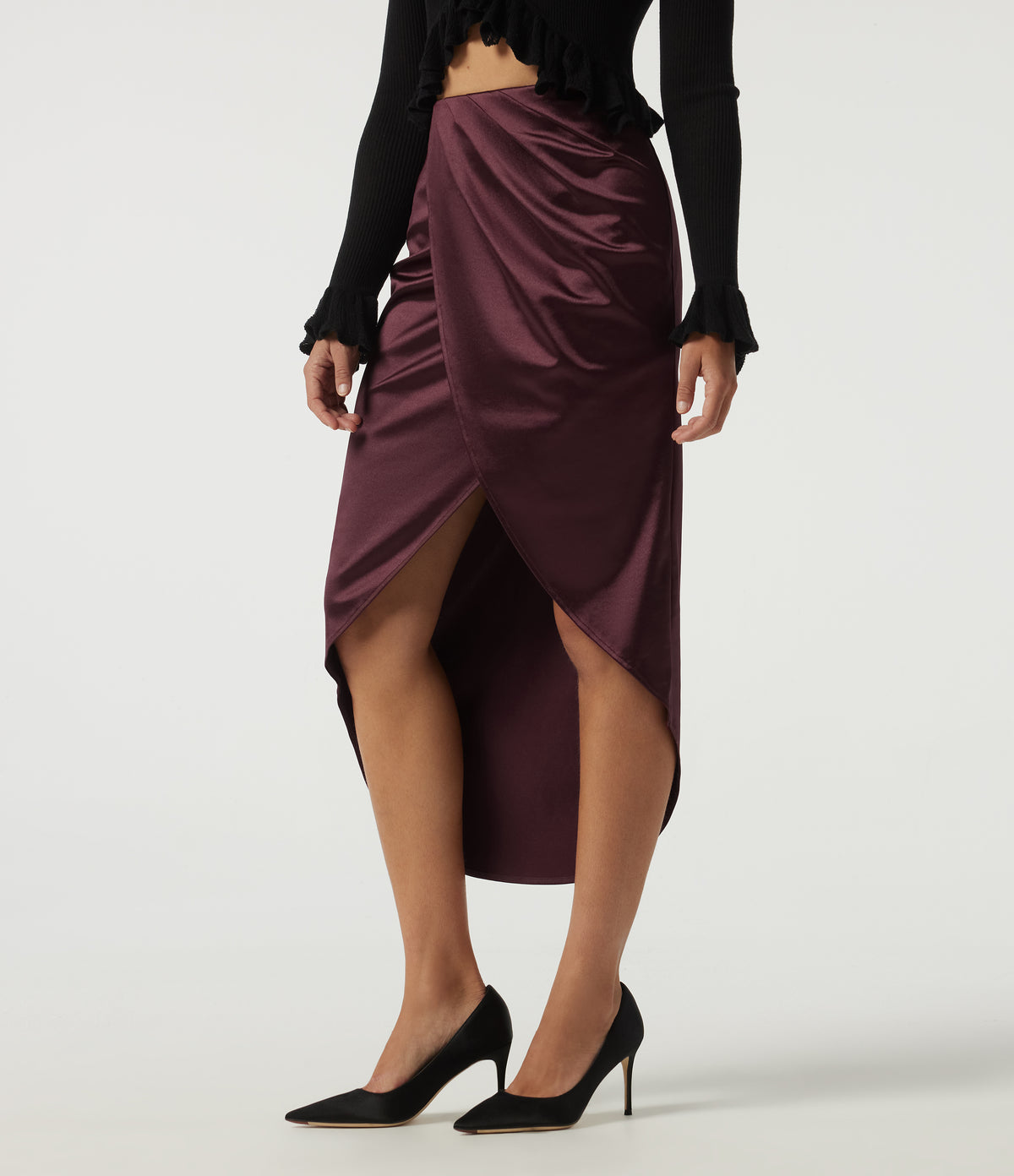 High Waisted Asymmetric Ruched Split Pencil Satin Party Midi Skirts — Zinfandel — view 3