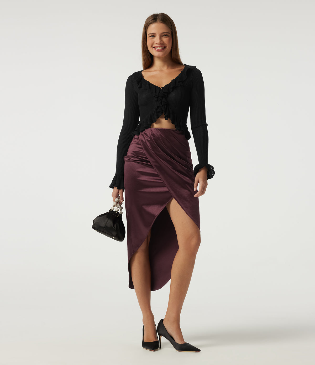 High Waisted Asymmetric Ruched Split Pencil Satin Party Midi Skirts — Zinfandel — view 6