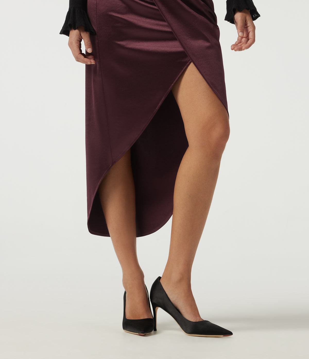 High Waisted Asymmetric Ruched Split Pencil Satin Party Midi Skirts — Zinfandel — view 5