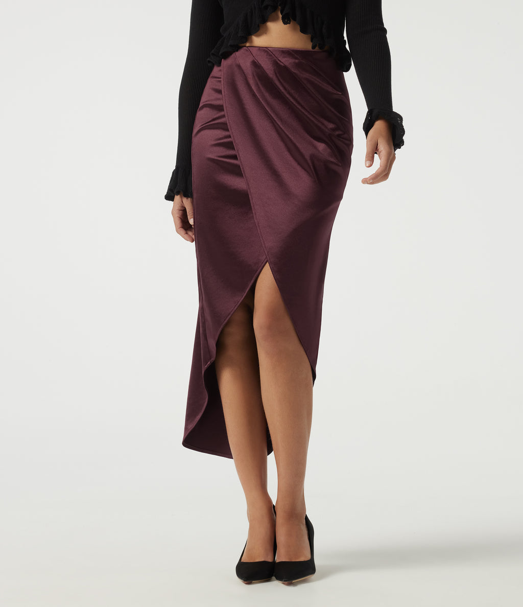 High Waisted Asymmetric Ruched Split Pencil Satin Party Midi Skirts — Zinfandel — view 1