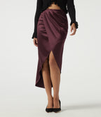 High Waisted Asymmetric Ruched Split Pencil Satin Party Midi Skirts — Zinfandel — view 1