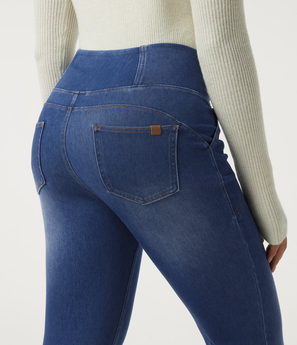 High Waisted Flare Denim Casual Leggings with Pockets — Baja Blue Denim — view 5