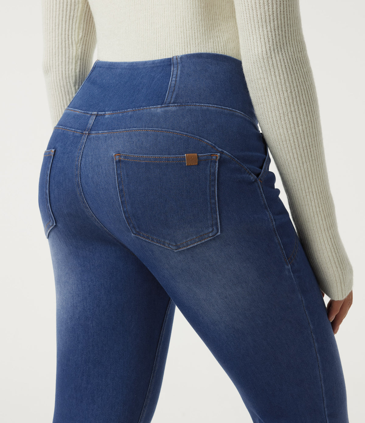 High Waisted Flare Denim Casual Leggings with Pockets — Baja Blue Denim — view 5