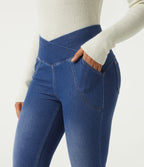High Waisted Flare Denim Casual Leggings with Pockets — Baja Blue Denim — view 4