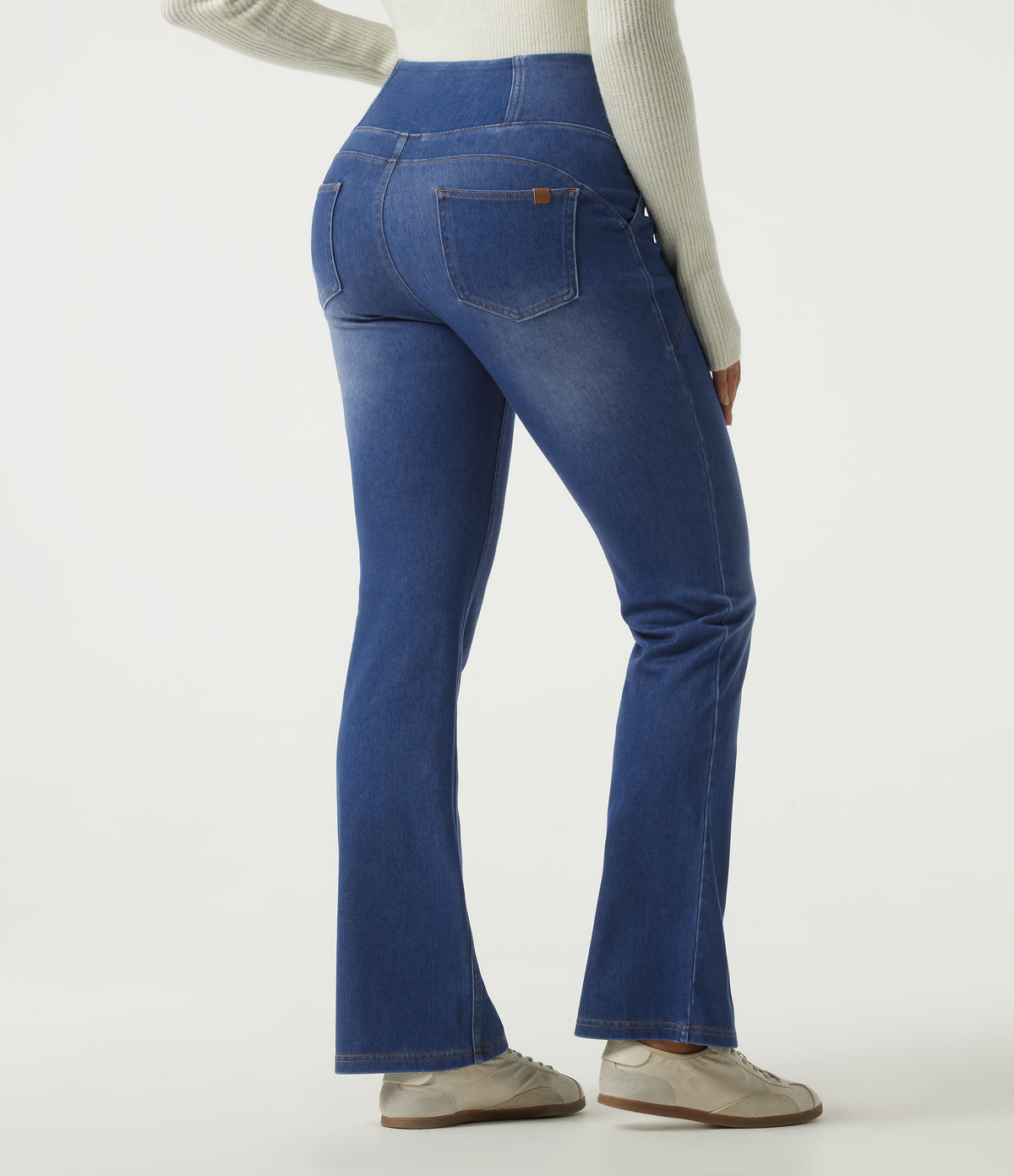 High Waisted Flare Denim Casual Leggings with Pockets — Baja Blue Denim — view 2