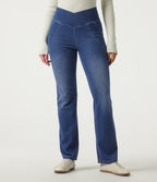 High Waisted Flare Denim Casual Leggings with Pockets — Baja Blue Denim — view 3