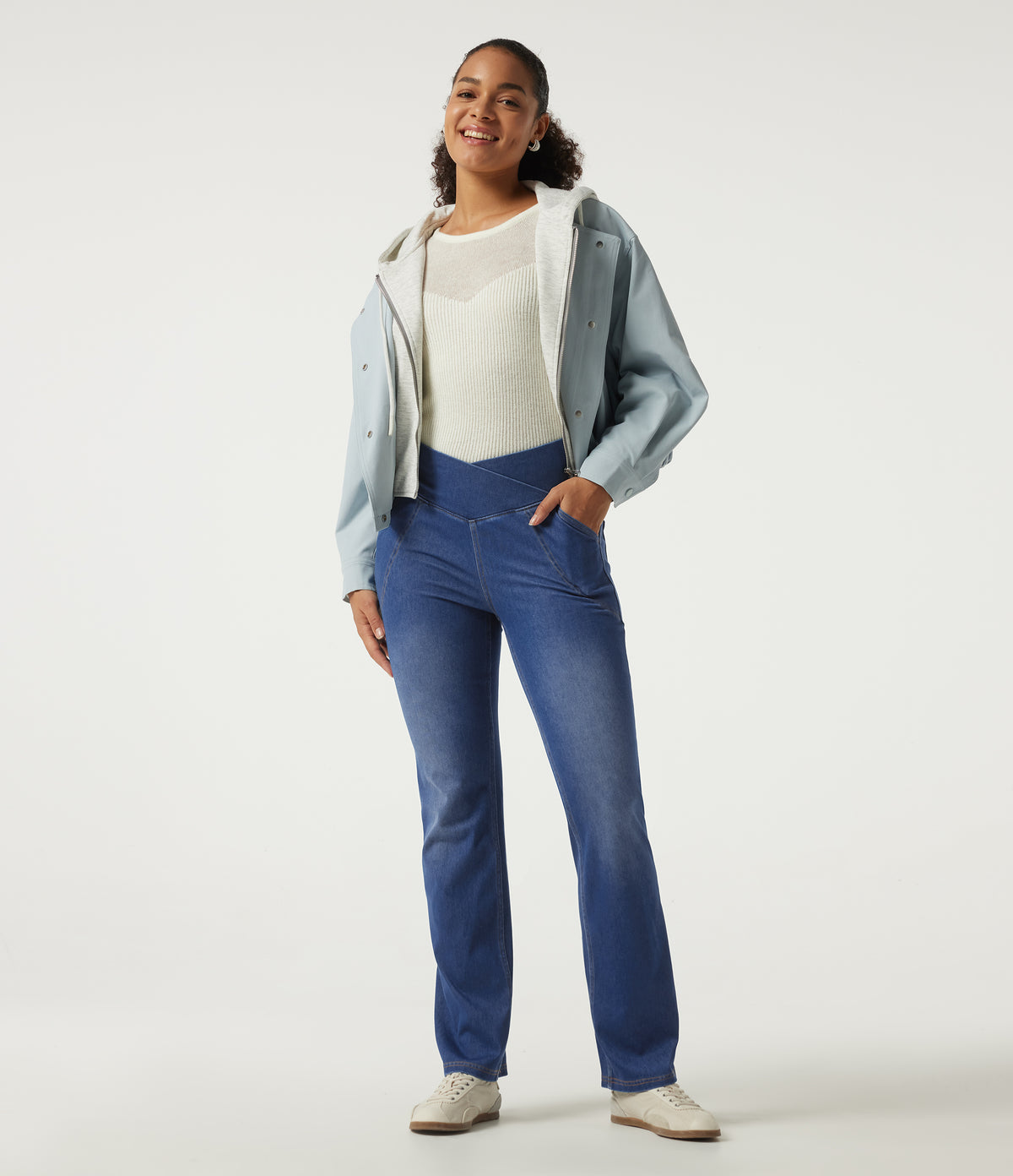 High Waisted Flare Denim Casual Leggings with Pockets — Baja Blue Denim — view 8