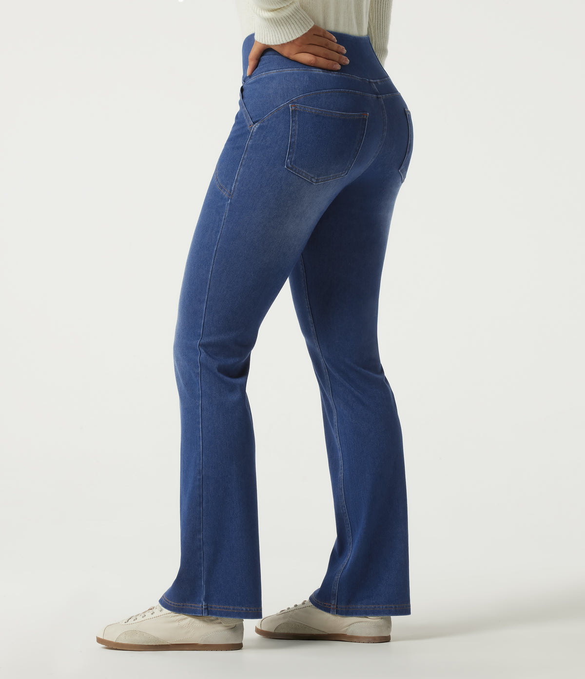 High Waisted Flare Denim Casual Leggings with Pockets — Baja Blue Denim — view 6