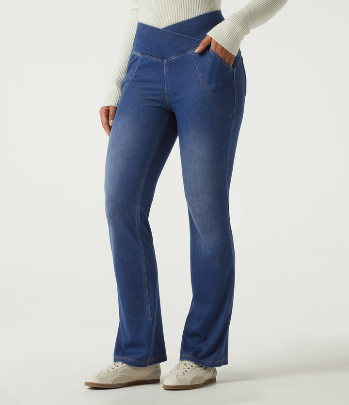 High Waisted Flare Denim Casual Leggings with Pockets — Baja Blue Denim — view 1