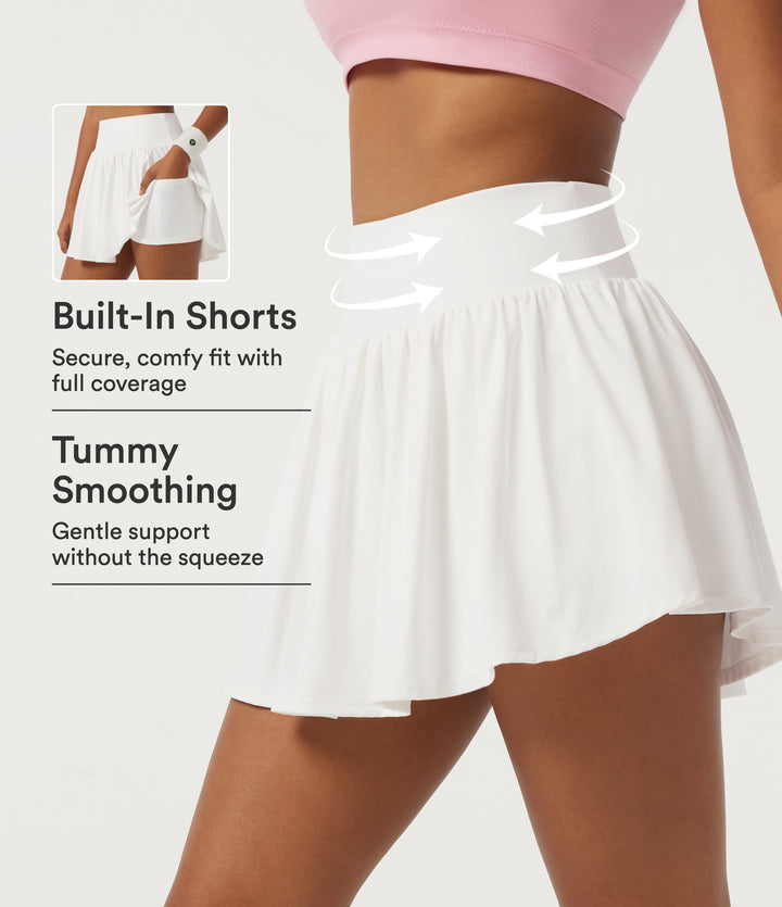 Airy High Waisted Tummy Control A-Line Workout Mini Skirts with Built-in Shorts and Pockets — White — view 1