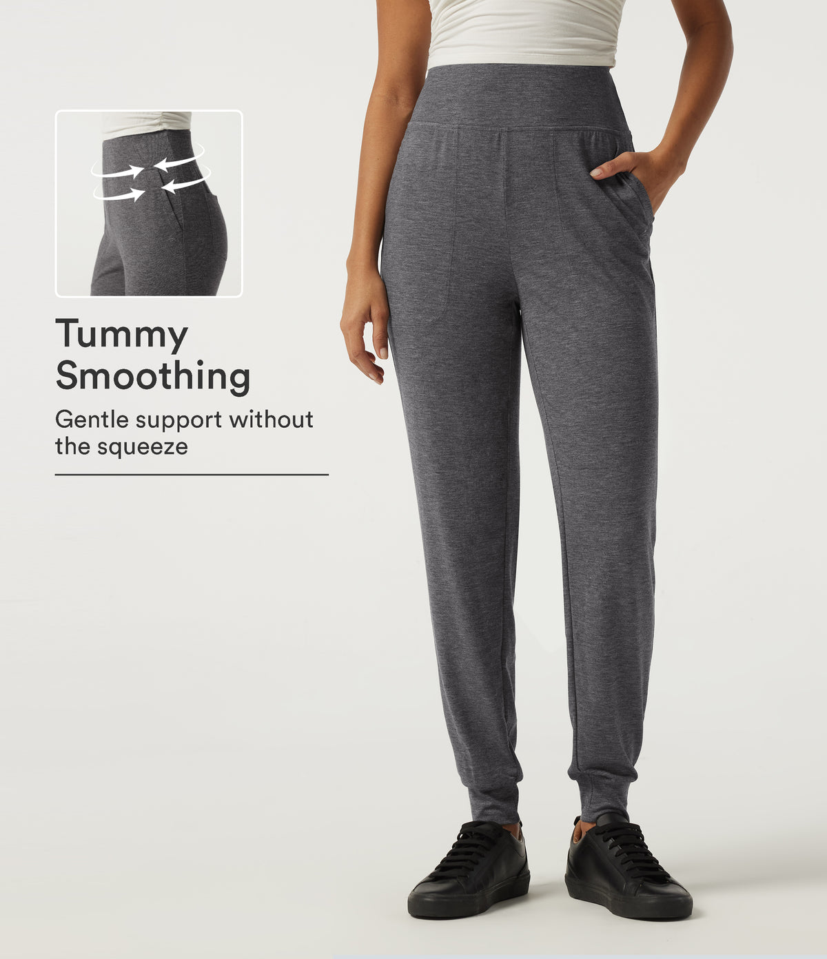 High Waisted Tummy Control Casual Joggers with Pockets — Darl Gray Floral Yarn — view 1