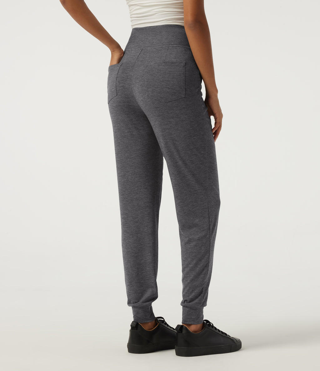 High Waisted Tummy Control Casual Joggers with Pockets — Darl Gray Floral Yarn — view 2